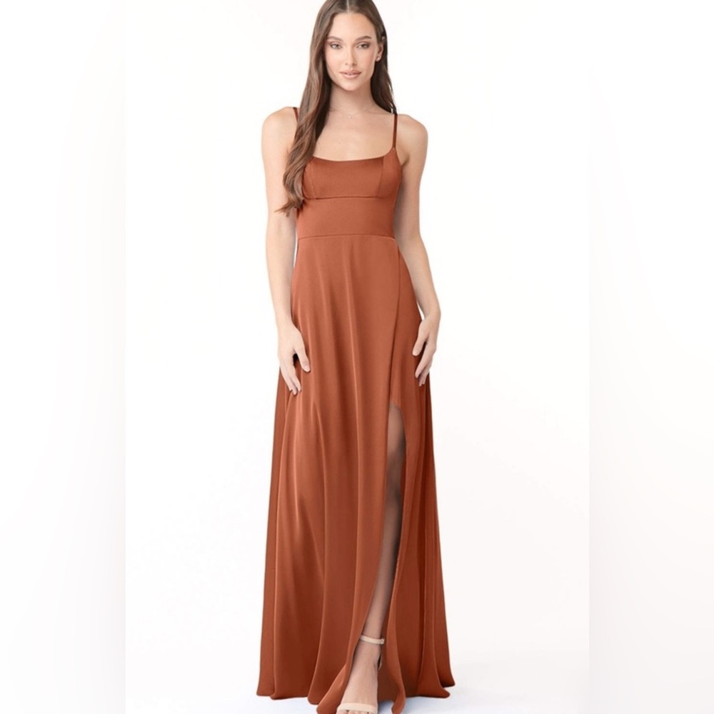 Azazie Halsey cedar rose stretch satin